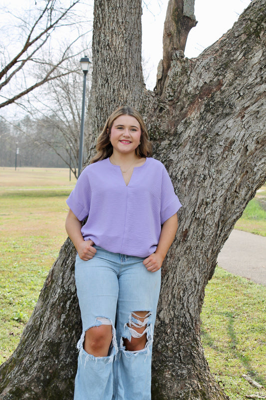 Zenana Lavender Split Neck Top