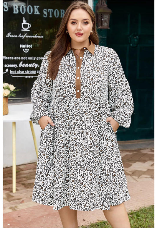 PREORDER: Leopard print collared plus size midi dress